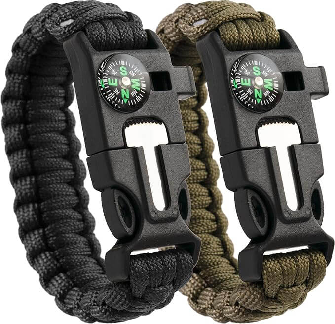 Paracord Bracelet, Pack of 2, Emergency Survival Kit Fire Starter Compass Whistle 8.5-10 ft Continuous Strand Flint Steel Scraper 5 in 1